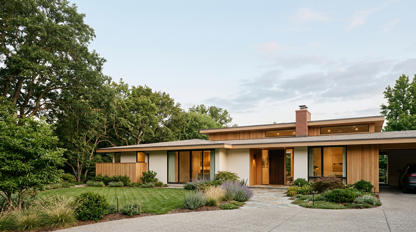 A mid-century home nestled beneath mature trees